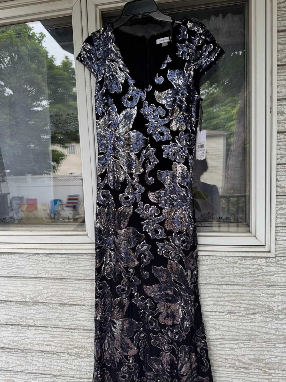 Calvin Klein Black Maxi Dress with Silver & Blue Sequin Floral Design
